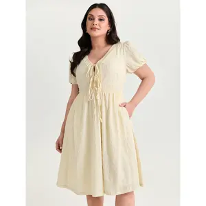 BloomChic Women's Plus Size Romantic Solid Midi Dress with Triple Tie-Front and Lantern Sleeves, Casual Textured Pull-On Style