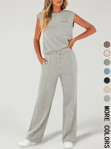 Women's Solid Tank Top Drawstring Waist Pants Two-piece Set Casual Fitted Sleeveless Round Neck Top Trousers All Seasons Cozy Lounge Set Womenswear Outfits