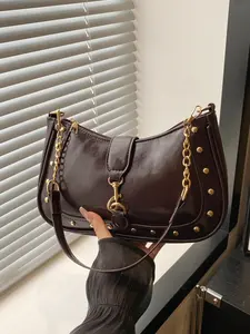 Women's Vintage Solid Color Crossbody Bag, Durable PU Material, Stylish Chain Shoulder Handbag, French Hook Lock Design for Daily Use, Travel and Commuting, Fashionable Chain Strap