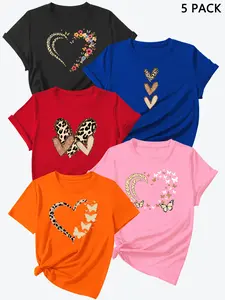 Summer New Letter Heart Print Short Sleeve T-Shirts, 5 Pcs Set, Blue, High-Quality Women's Sports Tops, Casual Fitted Style, Casual Workout Tops