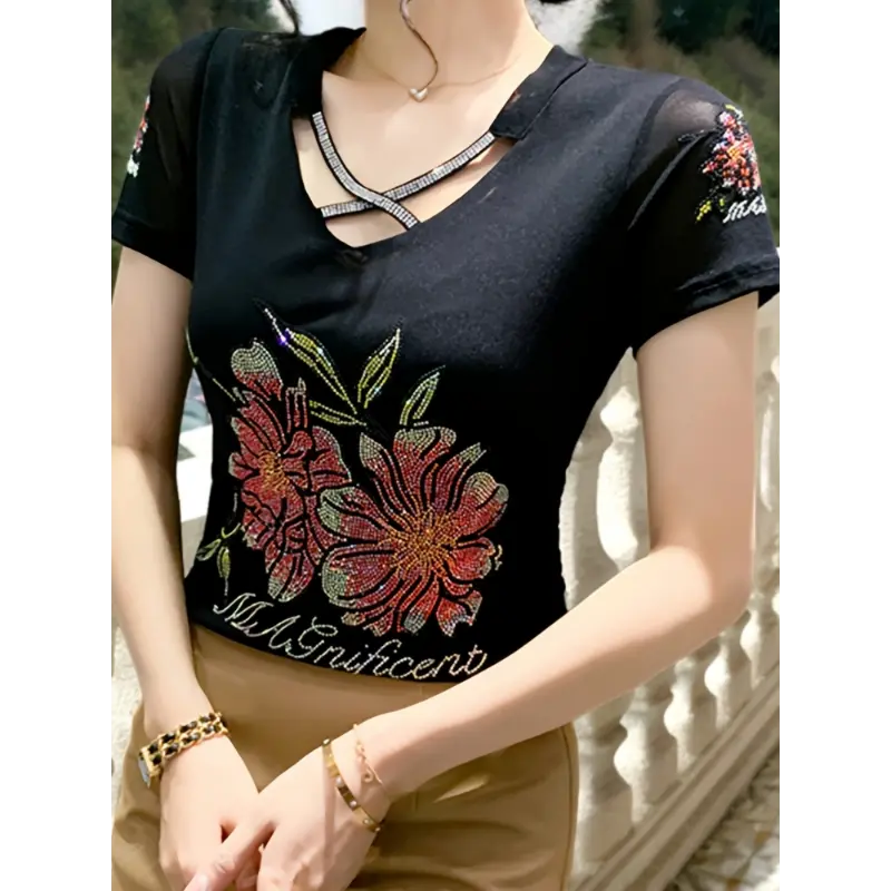 Chic V-Neck Mesh Blouse with Floral Rhinestone Embellishments, Short Sleeve, Stretch Fabric, Summer Casual Wear, Women'S Fashion Top, Versatile Fashion|Vneck Blouse|Rhinestone Detailin