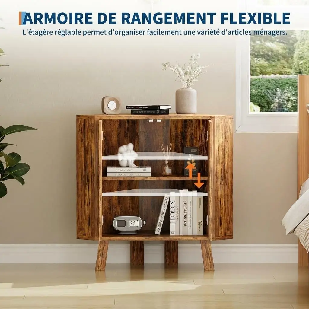 3-Tier Triangle Corner Storage Cabinet, Industrial Freestanding End Table with Fluted Doors and Adjustable Shelf for Home Use
