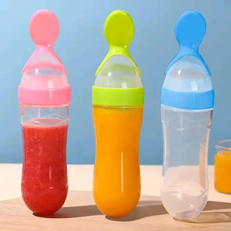 3-Pack 90ML Silicone Rice Paste Bottles with Spoons and Dust Covers, Unisex Kitchen Food Storage Containers, Round Bottom Design