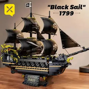 Black Sail Pirate Ship Building Blocks 3-Masted Sailboat Bricks Adult Collectible DIY Assembly Model Display Decoration Toy Gift