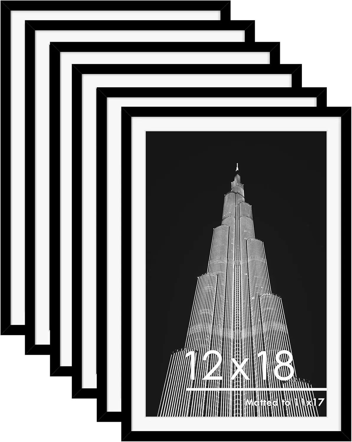 Black Woodgrain Durable 12x18 Photo Frame Set of 6 - Wall Mount, Displays 11x17 Photos/Prints with Mat or 12x18 Landscapes without Mat, Home Decor for Baby Shower, Ideal for Artwork Display