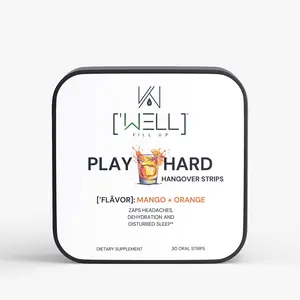 PLAY HARD Hangover Strips by ['WELL] – Mango-Orange Flavor, 30 Fast-Dissolving Oral Strips for Hangover Relief & Liver Support, Gluten-Free, Vegan Friendly