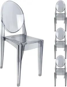 Set of 4 Smoke Gray Clear Ghost Chairs, Modern Transparent Side Chairs, Stackable Dining Room Restaurant Chairs for Events, Weddings, Banquets