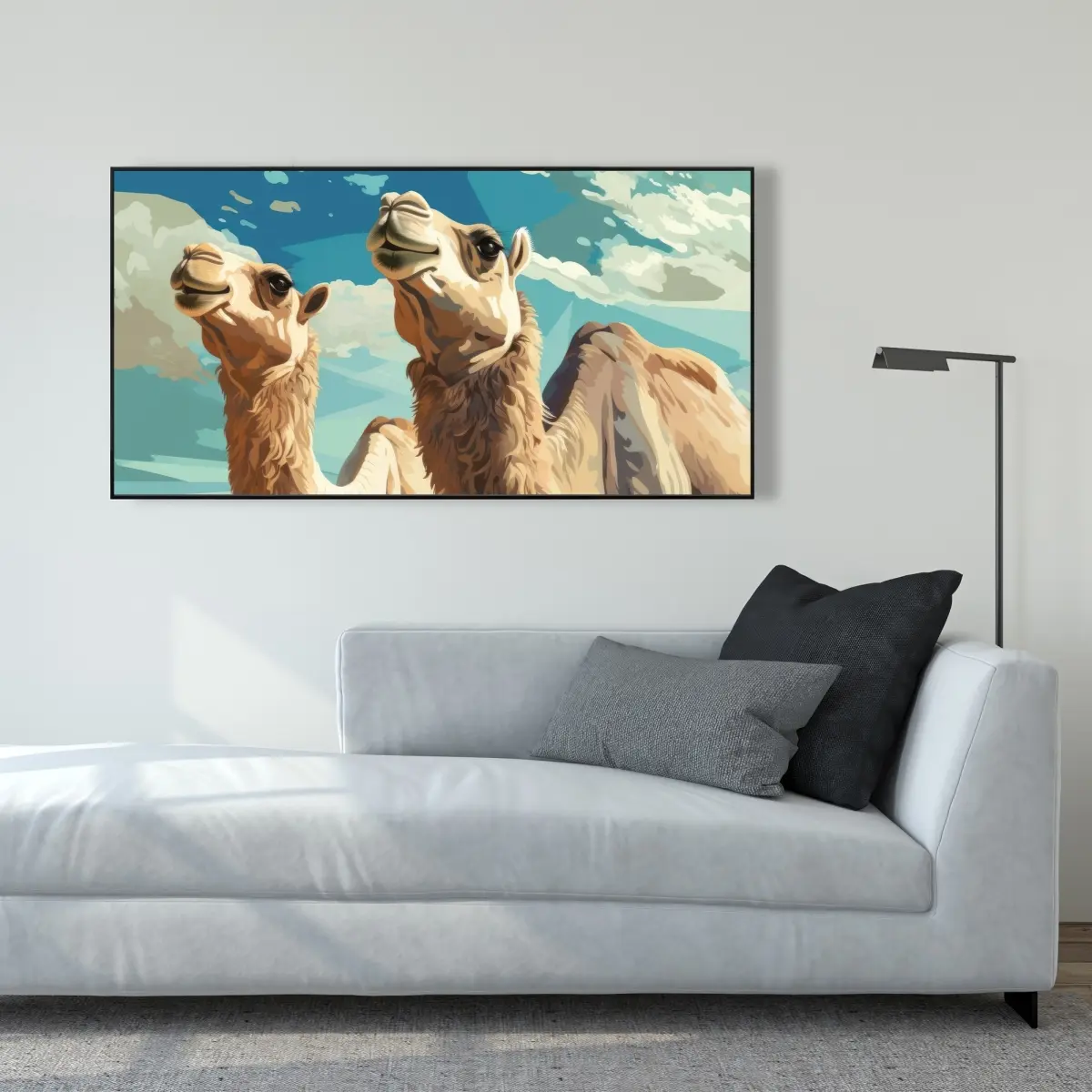 Pictorem C1FC2448P8DQ7F 24 x 48 in. Camels Looking Up - Beige Framed Canvas Wall Art