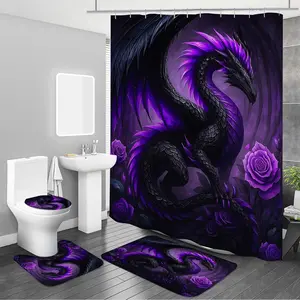 1PC/4PCS 2D Flat Printing Digital Color Background Shower Curtain, Personalized Home Bathroom Decoration, Waterproof Fabric Shower Curtain Set with 12 Hooks, Non-slip Bathroom Rug, U-shaped Toilet Mat, Toilet Lid Mat, Bathroom Decor, Holiday Decoration