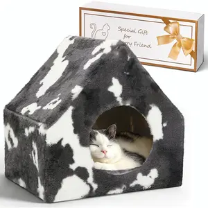 Cat Bed Cave House - Winter Pet House with Fluffy Covered Cat Beds for Indoor Cats, Detachable Washable Plush Cat Hideaway Hut for Kitten Rabbit, Sturdy Cat Beds & Furniture Gifts, Grey