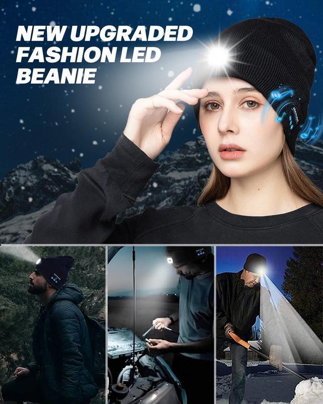 Bluetooth Beanie with Light,Unisex USB Rechargeable 6 LED Fashlight Hat with Cordless Headphones,Unique Christmas Birthday Gifts for Men Husband Teen warm beany Knit Balaclava Outdoor Activities