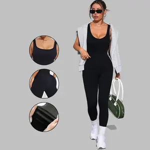 Women Ribbed Square Neck Sleeveless Full Length Jumpsuit, Tummy Control Butt Lifting Stretch Seamless Yoga Gym Workout Bodysuit