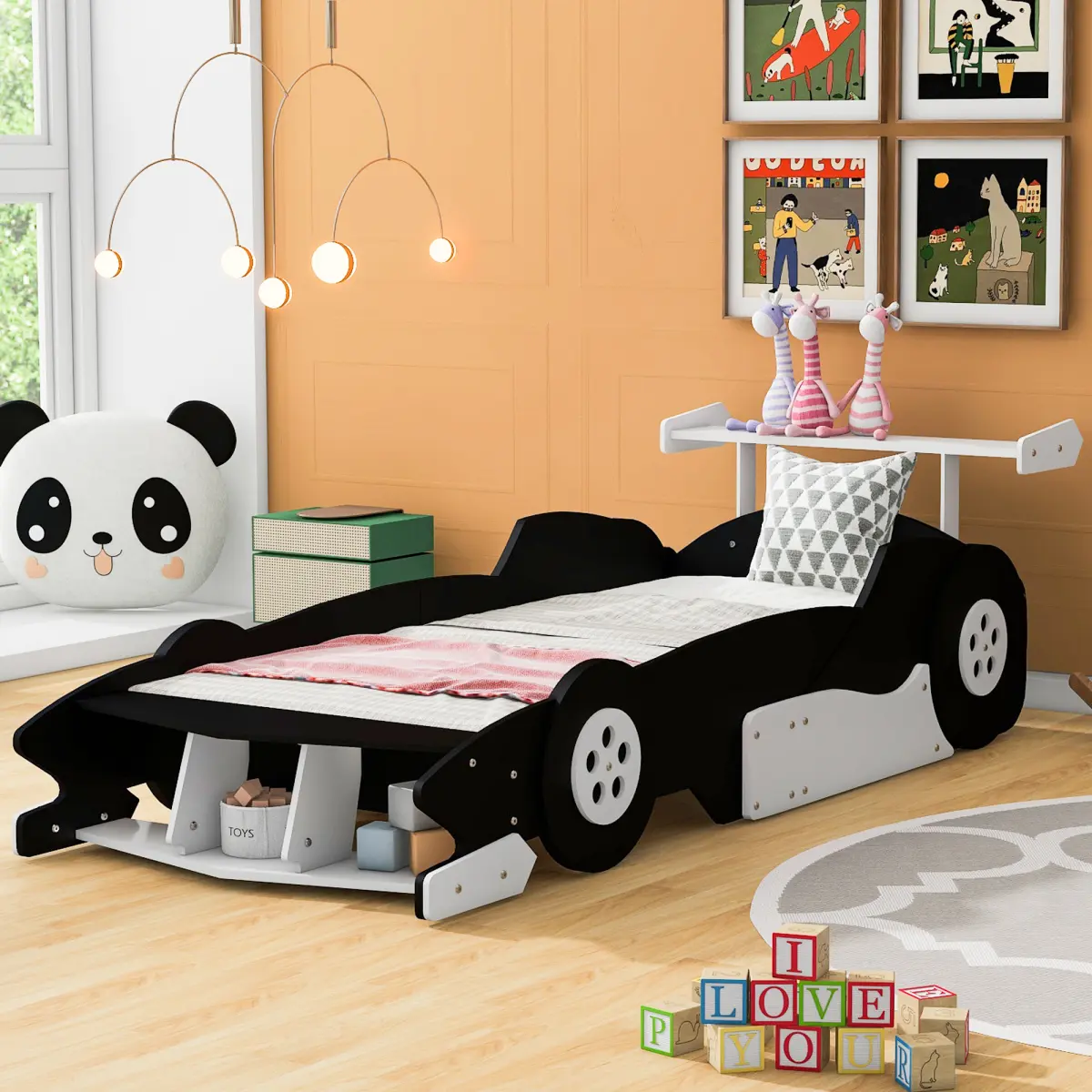 Twin Size Race Car-Shaped Platform Bed with Wheels,Black(OLD SKU:WF311965AAB)