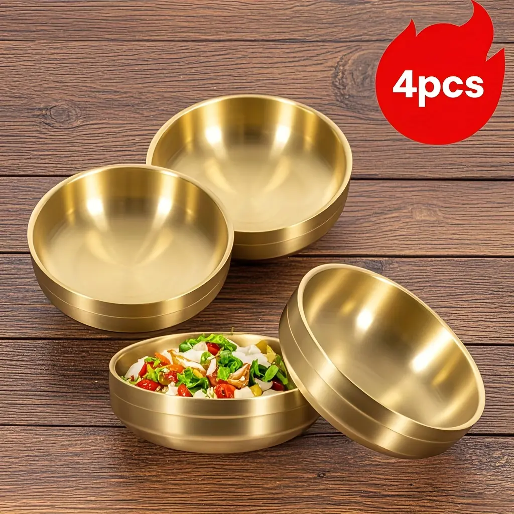 4pcs Golden Stainless Steel Soy Sauce Dish, Double Deck Dipping Pinch Bowls, Small Condiment Seasoning Dip Bowls, Mini Metal Ramekins Cups for French Fries Spice Sushi Serving - Machine Washable & Space-Saving Design, Food Trays for Eating