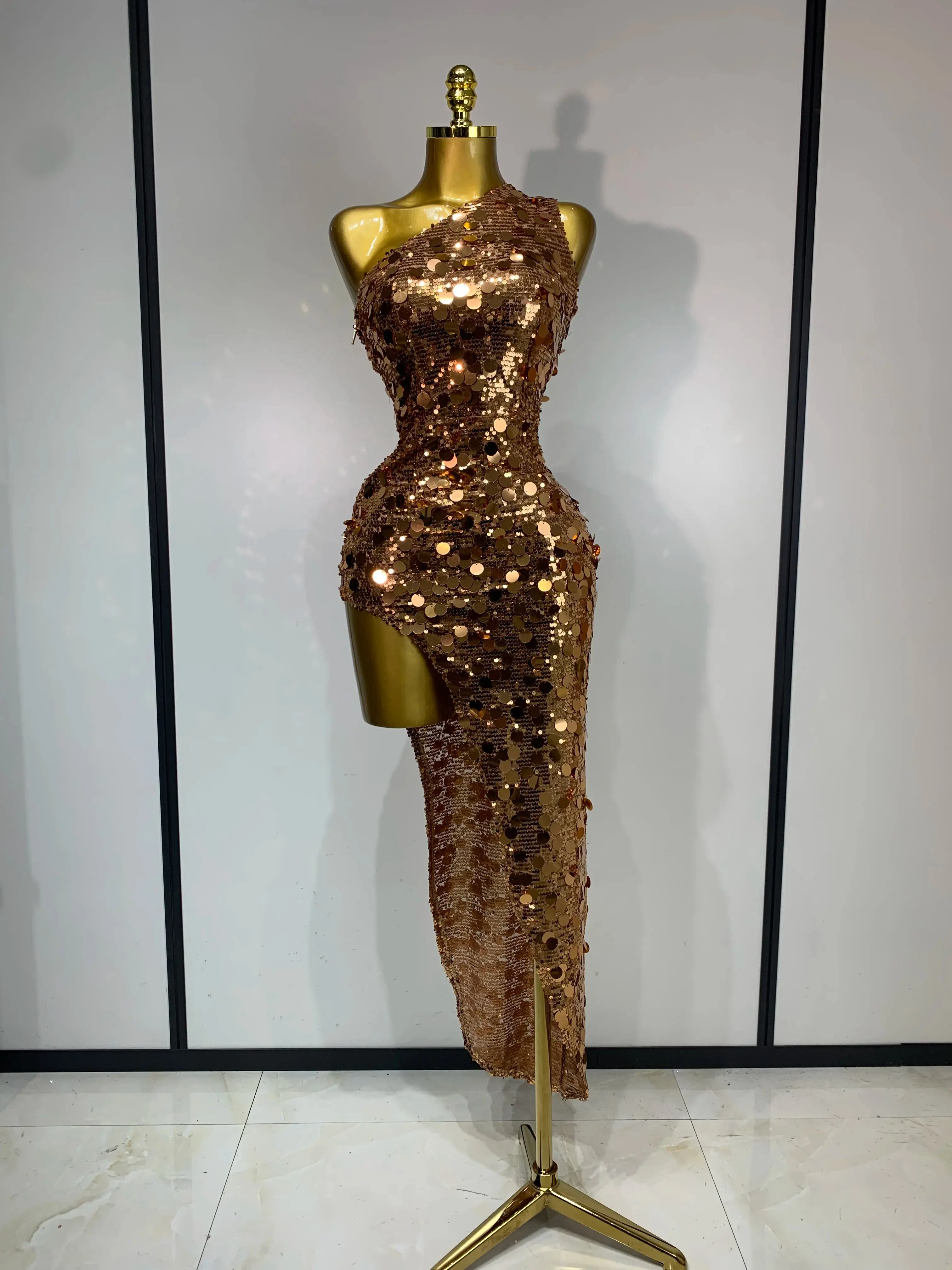 gold sequin fitted dress Primavera Couture 4482 Size 12 Nude Gold Homecoming Dress Short Sequin Fitted Backless Corset Pointed V Neck Cocktail Gown