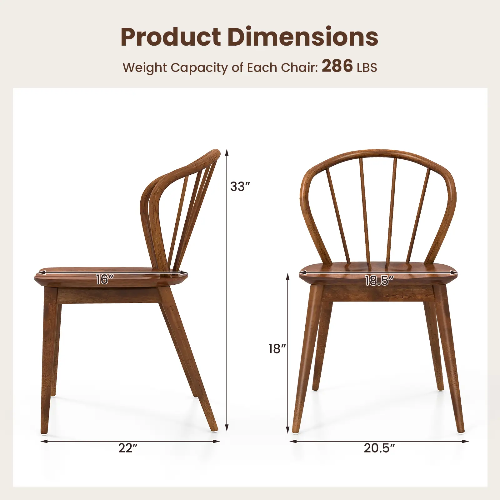 COSTWAY - Wooden Dining Chair Set of 2 with High Spindle Back and Wide Seat-Walnut