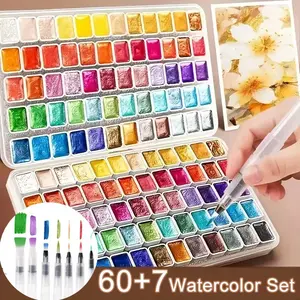 60Colors Pearl Watercolor Pigment With 7 Water Pen Set: Metallic Solid Paint Portable Art Kit for Painting - Perfect Holiday Gifts for Artists