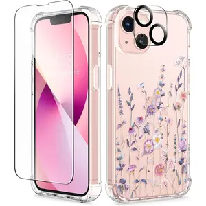 Designed for iPhone 13 Case 6.1 Inch, with Tempered Glass Screen Protector + Camera Lens Protector Clear Flower Soft & Flexible Shockproof Floral Women Phone Cover (Floratopia/Colorful)