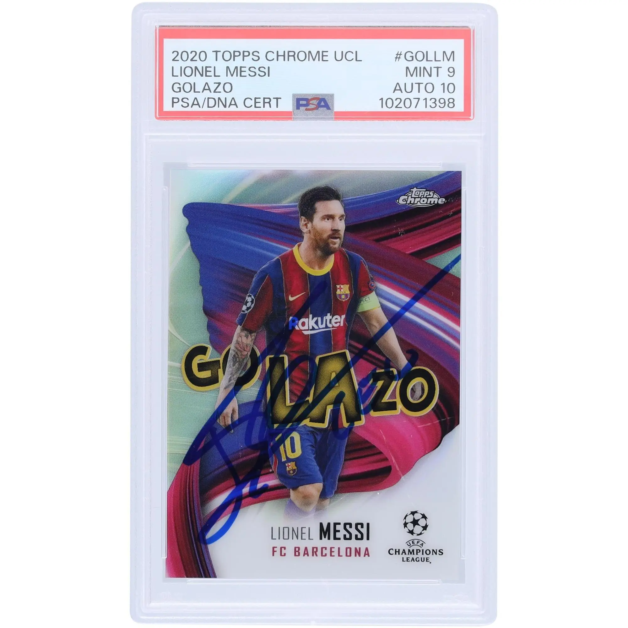 Lionel Messi FC Barcelona Autographed 2020 Topps Chrome UCL Golazo #GOL-LM PSA Authenticated 9/10 Card - Fanatics Authentic Certified