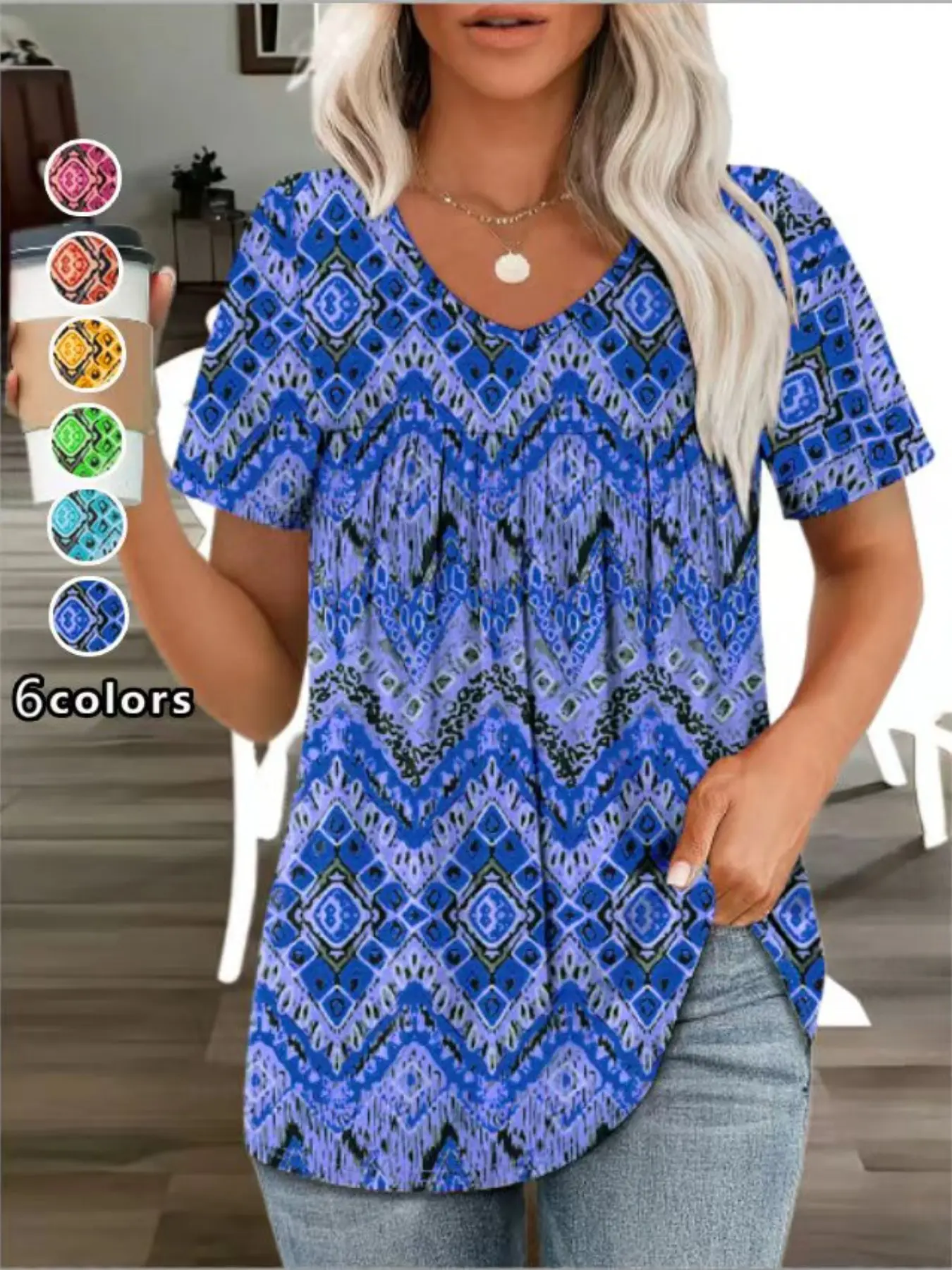 Plus Size Boho Bohemian Geometric Print V Neck T-Shirt Blouse, Summer Casual Loose Wrinkle Short Sleeve Midi Top, Women's Fashion Clothing, Womenswear