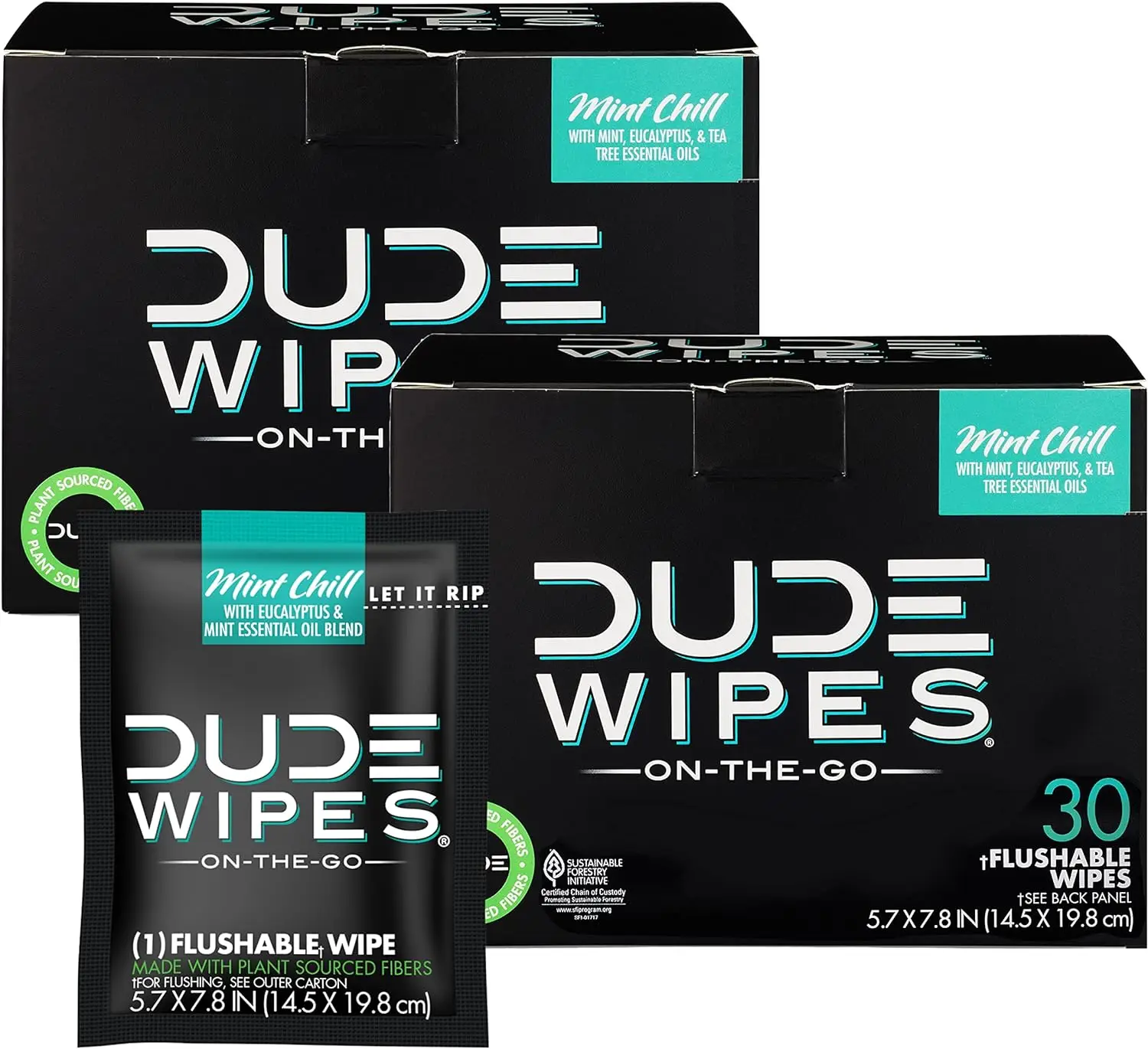 DUDE Wipes - On-The-Go Flushable Wipes - 2 Pack, 60 Wipes - Mint Chill Extra-Large Individuals with Eucalyptus & Tea Tree Oil - Septic and Sewer Safe