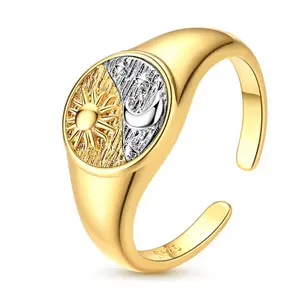 MULA 14K Gold Plated Sun and Moon Signet Ring – 925 Sterling Silver Plated Two-Tone Yin-Yang Celestial Adjustable Opening Band, Textured Bohemian Astrology Tarot Card Vintage Rugged Jewelry Gift, Adjustable Size, Everyday Wear
