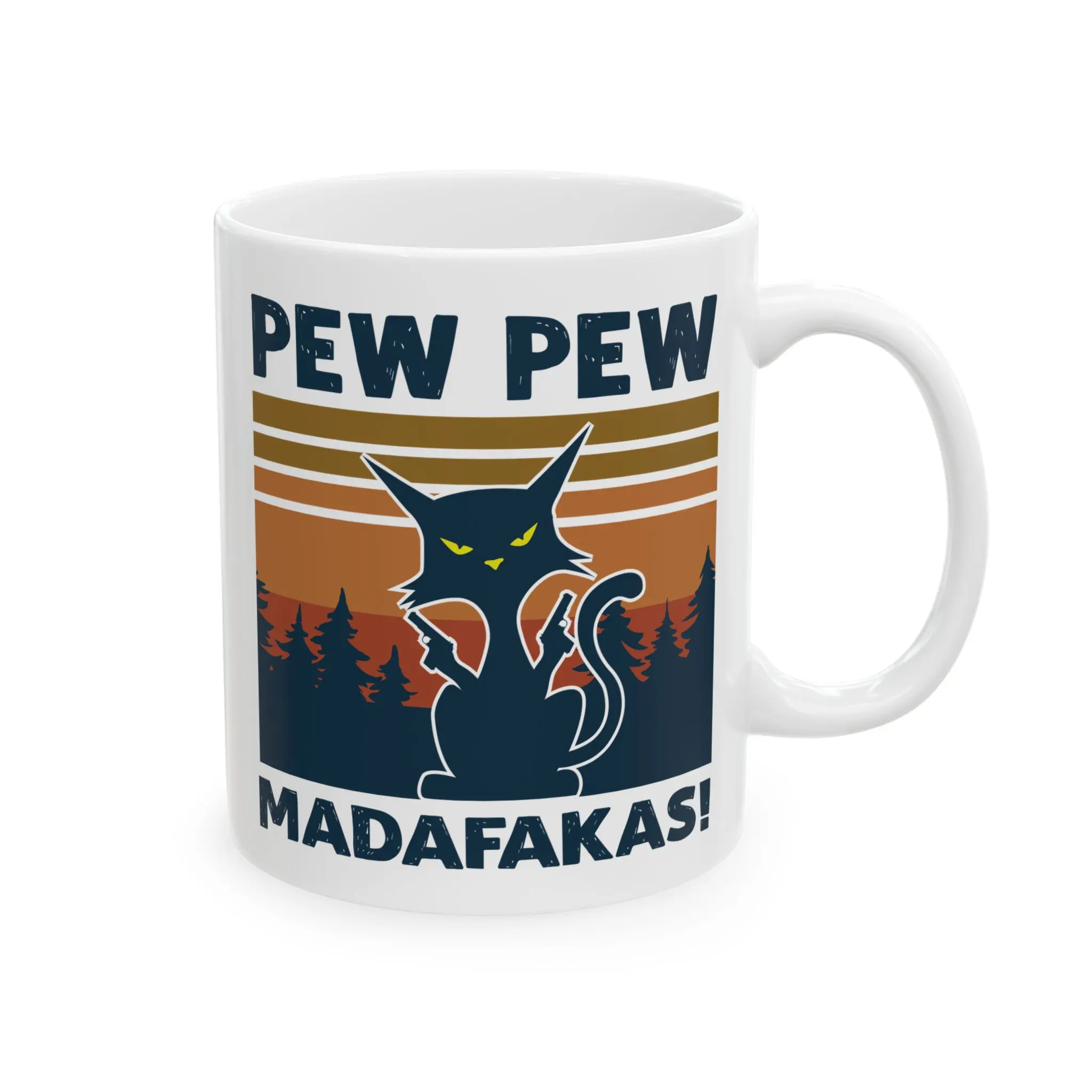 Pew Pew Cat Mug – Funny “Pew Pew Madafakas!” Retro Sunset Ceramic Coffee Cup – Hilarious Gift for Cat Lovers, Coworkers, or Gamers – Sarcastic Animal Humor for Birthdays, Office Laughs or Morning Mood Boosts
