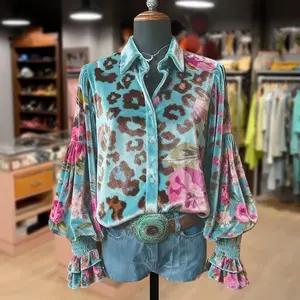 Cherrybetty Velvet Vintage Leopard Floral Print Button Up Velvet Shirt Soft Cute Spring Outfits Women's Clothes Going Outfits Womenswear