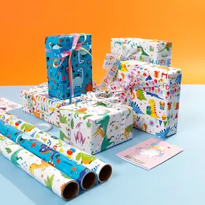 Cartoon Dinosaur Birthday Wrapping Paper Roll, Colorful T-Rex & Jungle Theme Gift Wrap for Boys, Blue/White Fun Dino Patterns for Kids Party, 1 Roll