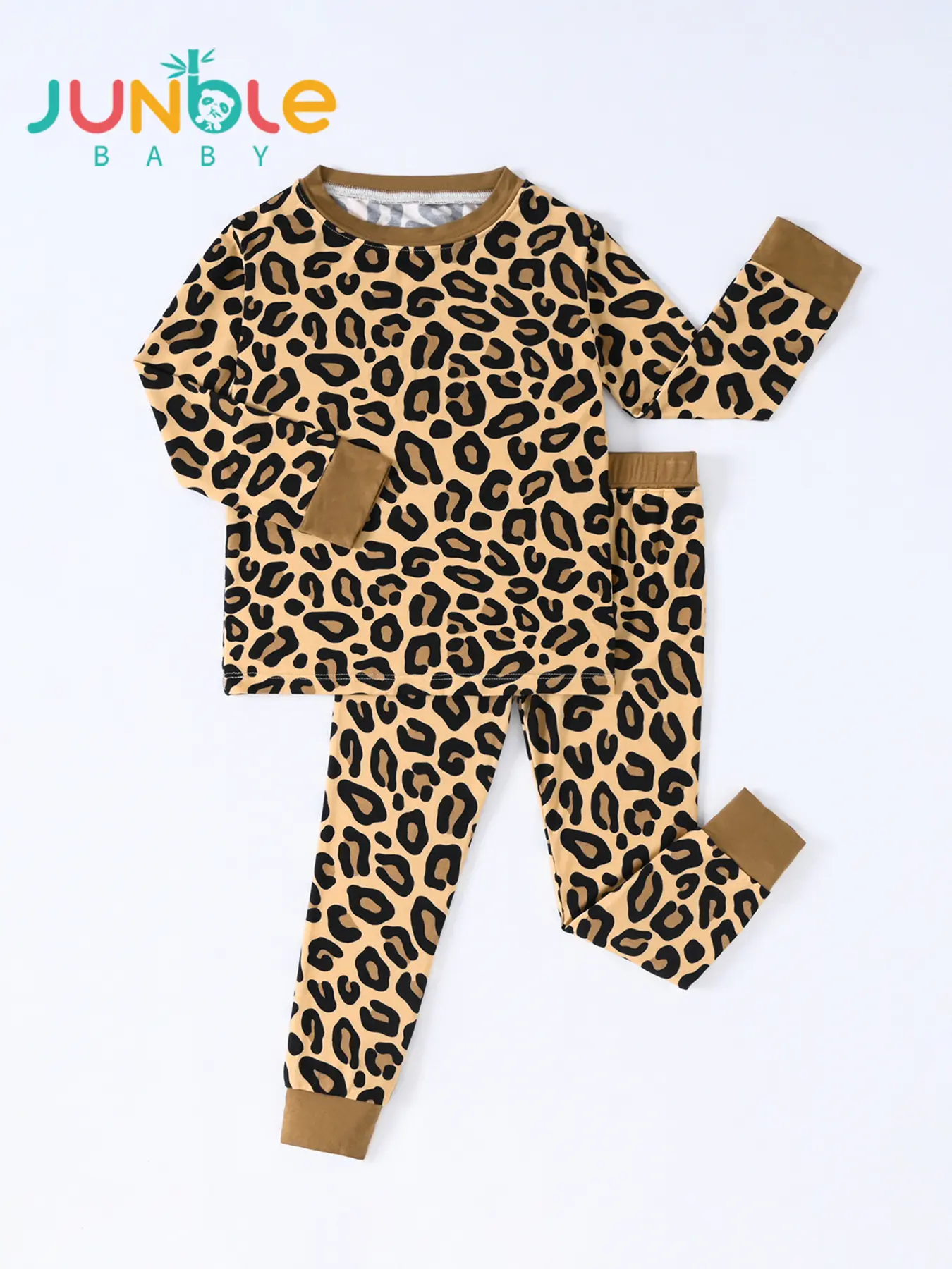 Baby bamboo fiber two-piece set with leopard print, long sleeves and long pants