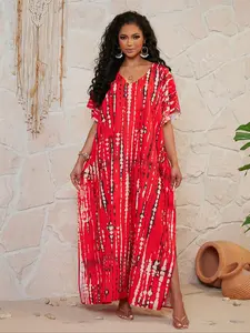Plus Size Tie Dye Print Batwing Sleeve Split Hem Tunic Dress, Boho Casual V Neck Half Sleeve Long Dress for Summer Beach Holiday Vacation, Women's Clothes for Daily Wear