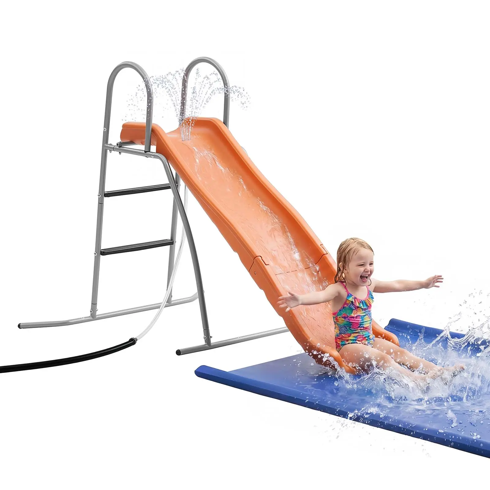 VEVOR Free-Standing Water Slide, 5.5ft Outdoor Pool Wave Slide Water Playset for Kids, 6.5ft Ground Tarp, Built-In Adjustable Sprinkler, Metal-Plastic Playground Equipment with Platform for Backyard Fun