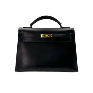 Pre-owned HERMÈS Box Calf Shoulder Bags Vintage Kelly Sellier 32 Black Handle Bag With Gold Hardware 1984