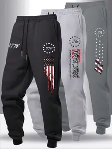 Men's Spring Autumn Classic Flag Series Print Casual Pants Set, Drawstring Jogger Sports Outdoor Wear, Fitted Moderate Fabric