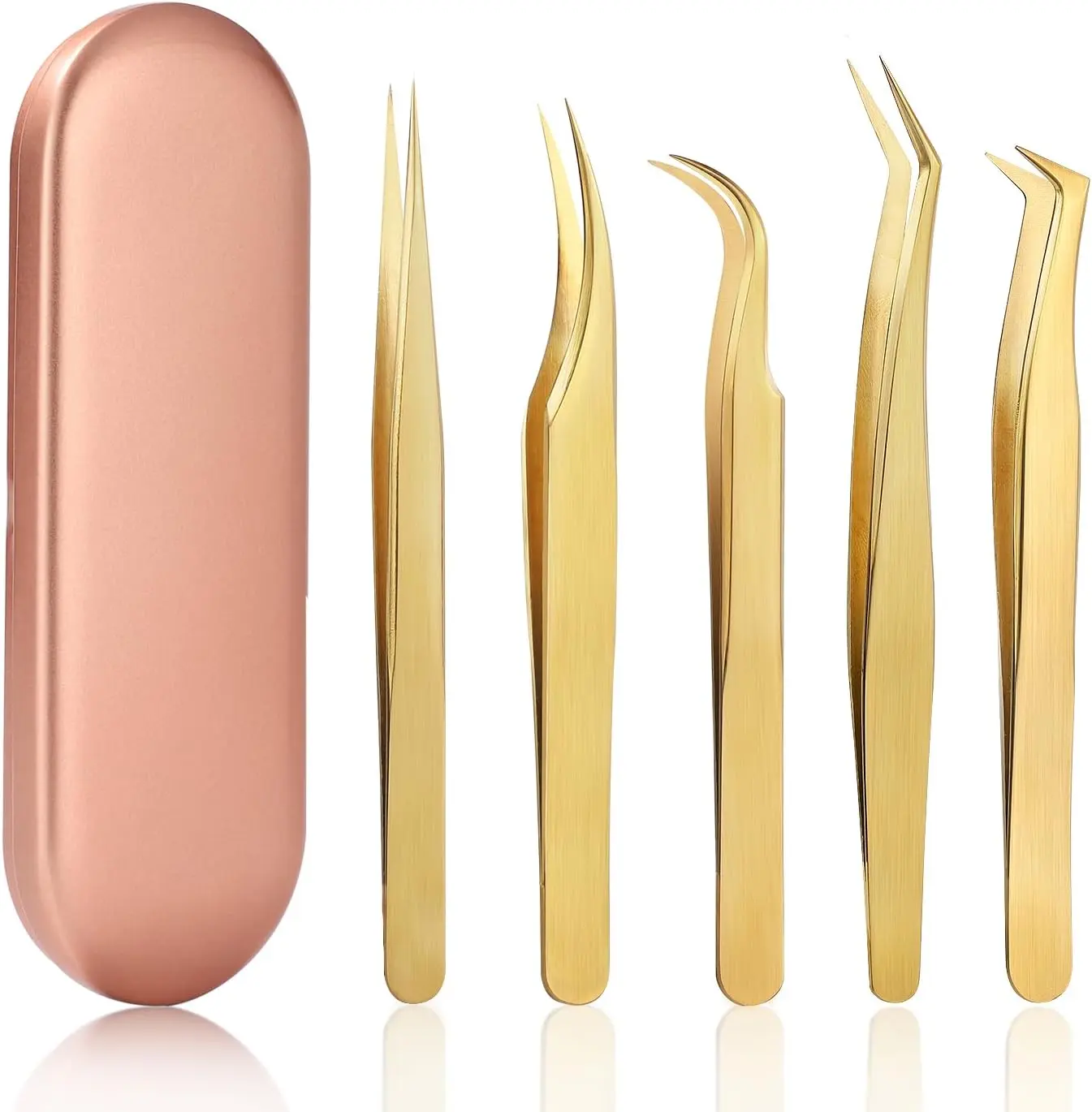 High Precision Lash Tweezers Set - Includes 5 Stainless Steel Eyelash Tweezers for Classic Individual and Volume Lash Extensions. Complete with Storage Box