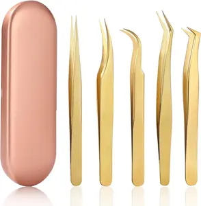 High Precision Lash Tweezers Set - Includes 5 Stainless Steel Eyelash Tweezers for Classic Individual and Volume Lash Extensions. Complete with Storage Box