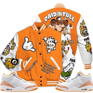 3 White Orange Peel Varsity Jacket, Orange Citrus 3s Outfit Money Paid In Full Shirts To Match Sneaker Streetwear