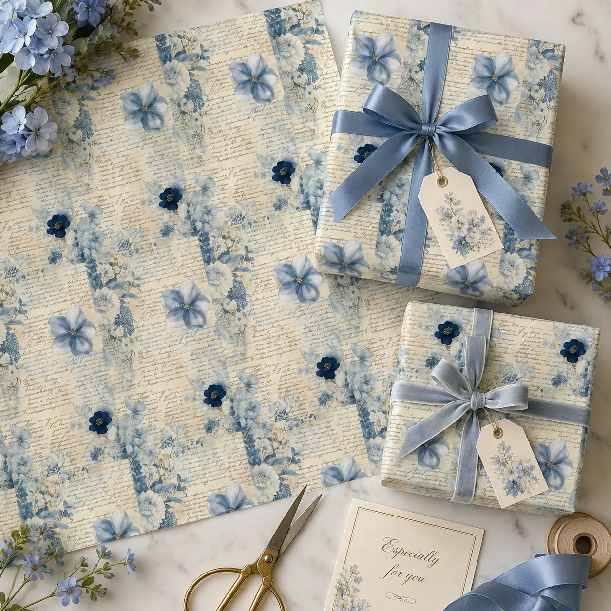 Vintage Blue Floral Script Gift Wrapping Paper | Elegant Cottagecore Botanical Wrap