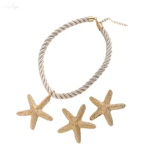 Beach Starfish Pendant Jewelry Set, Rope Choker Necklace & Earrings, Gold‑Tone Ocean‑Inspired Accessory for Summer