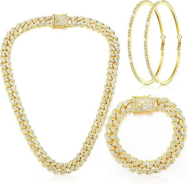 3pcs Costume Jewelry Assorted Set - Cuban Style Chain Necklace, 20cm Diamond Rhinestone Chain Bracelet, 8cm Crystal Encrusted Large Circle Earrings, Cuban Style Chain Necklaces, Diamond Rhinestone Chain Necklaces