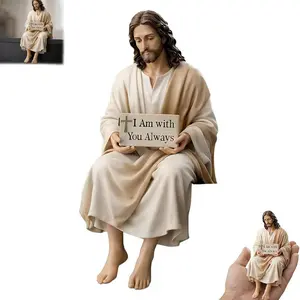 Jesus Resin Desk Companion Statue, Car Dashboard, Home Office Desk Decoration Jesus Christ Statue with "I Am With You Always" Sign, Handmade Sitting Stylish Religious Decor