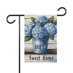 Home Sweet Home Garden Flag 12x18 – Blue Hydrangea Bucket Outdoor Yard Banner, Double‑Sided Rustic Floral Decor