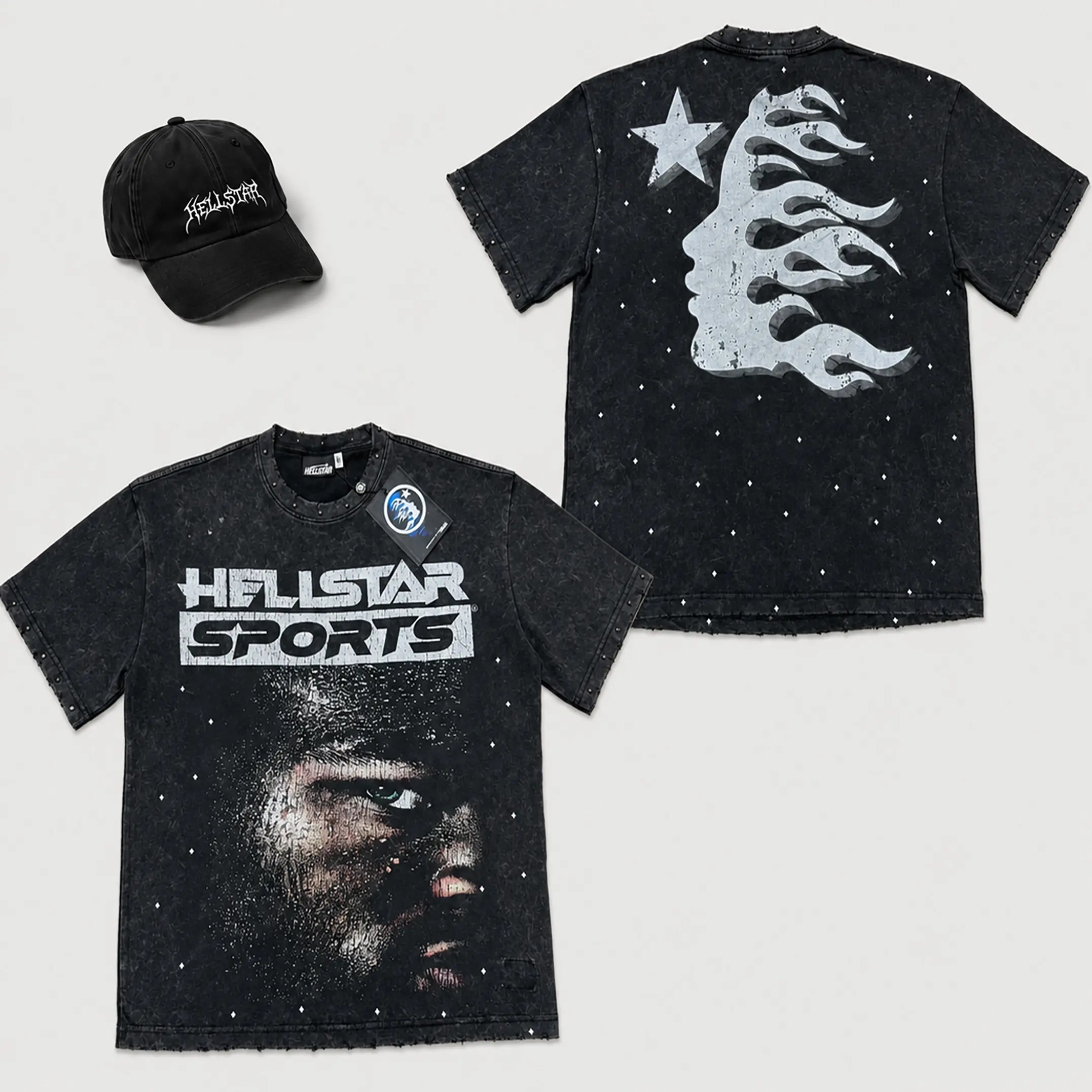 Hellstar Sports Graphic T Shirt Heavyweight Cotton Oversized Crew Neck Short Sleeve Tee Washed Black Face Flame Star Front Back Print Y2K Streetwear Casual Summer Party Festival Outfit Men Women Unisex Teens Adults