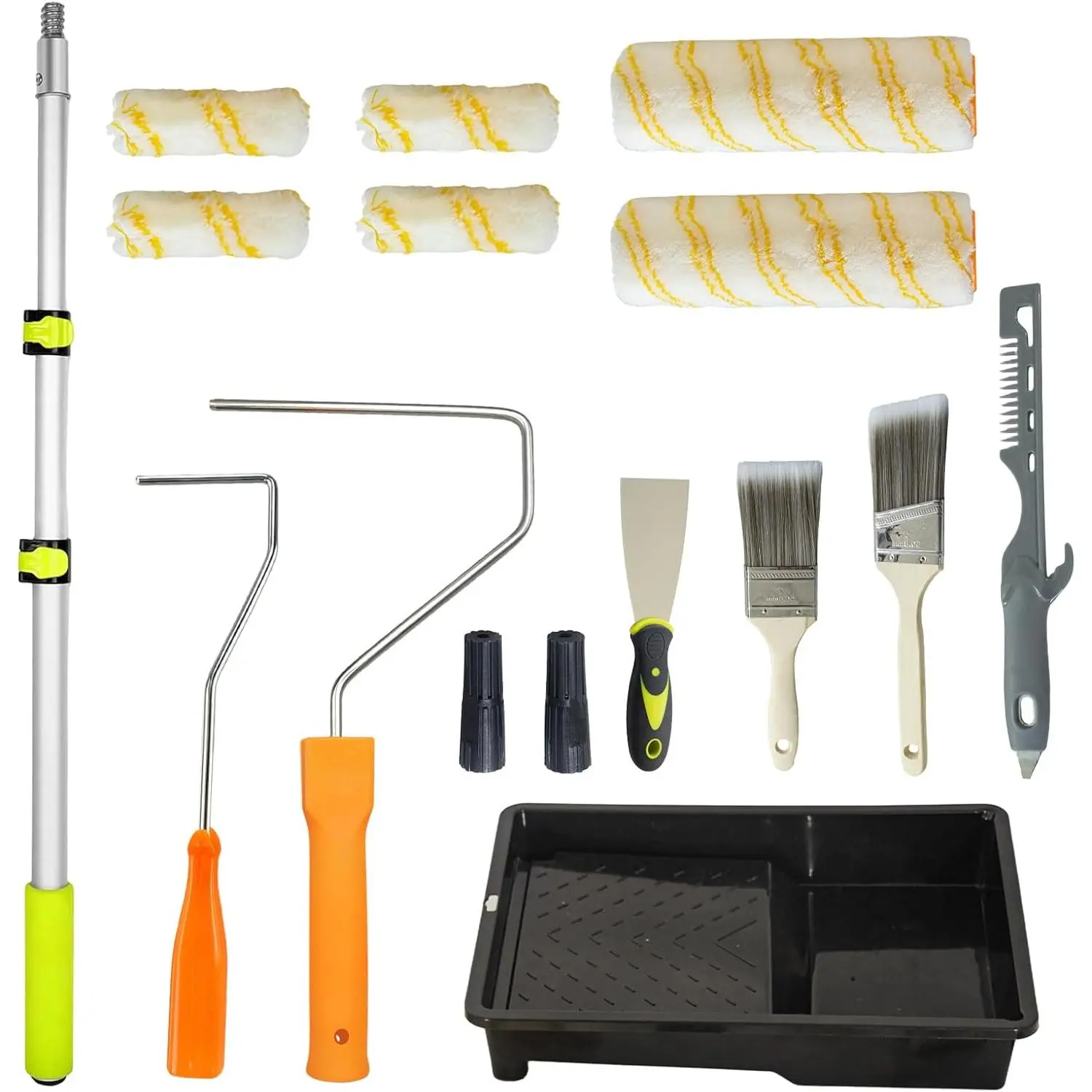 15 count  Roller Kit with Extension Pole 2 to 4FT, 4" & 9"  Rollers, Microfiber Roller Covers,  Tray & Brushes for Professional Painting, House Painting Roller for Walls, Ceilings