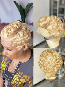 Gray Blonde Pixie Cut Lace Front Human Hair Wigs, 13x4 Lace Front Wigs, Chic Elegant Short Curly Wigs for Women, Curly Bob Wig