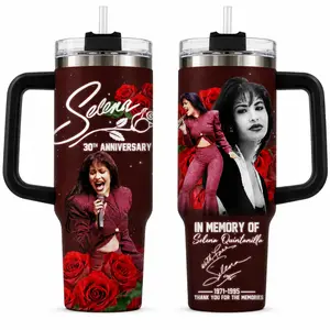 Selena Quintanilla 30th Anniversary Memorial Stainless Steel Insulated Tumbler (30oz-40oz) - Double-Sided Tribute Travel Mug with Handle, Lid, Portable Water Bottle for Latin Music Fans (Straw Not Included)
