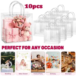 10 pcs Clear PVC Gift Bags with Handles,Durable Button Closure,Plastic Transparent Wrap Bags Bride Favor Totes Sturdy Handles Reusable Goody Bags, Transparent, for Shopping, Wedding Favor, Birthday Party,Events, Travel, Shopping