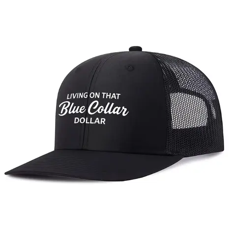 Men's Black Trucker Hat - Blue Collar Graphic Snapback, Cool Mesh Back, Lightweight Breathable Unisex Cap, One Size for Fitness & Outdoor Sports
