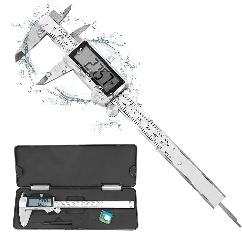 Digital Caliper Measuring Tool, IP54 Waterproof Stainless Steel Vernier Caliper Digital Micrometer with Large LCD Screen, Easy Switch from Inch Metric, 6 Inch Caliper Tool for DIY/Household