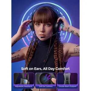 RGB USB Gaming Headset—RGB lighting, anime-themed headset featuring a noise-canceling microphone, USB-powered surround sound, an omnidirectional microphone, and volume control—wired headset for PC gaming, computers, and tablets